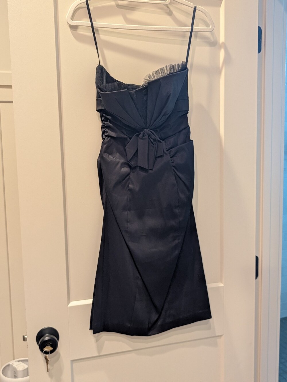 Xscape Black Satin Strapless Dress with Front Bow